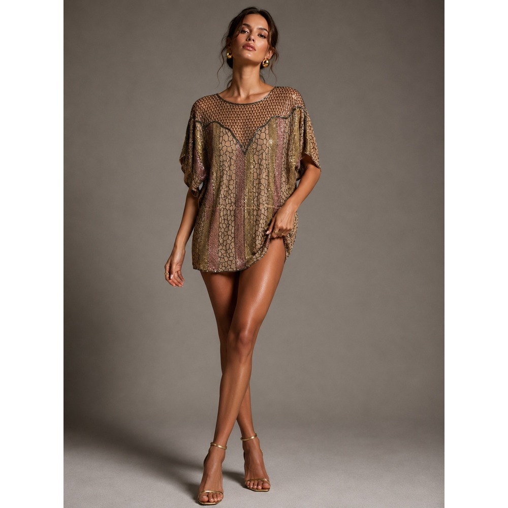 Retro Glam Parker Silk Beaded Sequin Micro Mini Tunic Slouchy Cocktail Dress XS